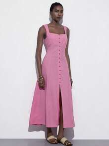 Aveloria Modichic Thiết kế móc cài tinh tế, tông màu hồng nhạt, phong cách tối giản hiện đại, cổ vuông, thiết kế không tay, trang trí cúc phía trước, dáng dài ôm sát, chân váy xòe bồng bềnh, chất liệu vải pha mềm mại như lanh, nhẹ nhàng và tôn dáng, tươi tắn và ngọt ngào, đa năng cho mặc hàng ngày, nghỉ dưỡng, các dịp trang trọng như hẹn hò, đám cưới, tiệc vườn, dạ hội, kỳ nghỉ. - Hồng - Xem 7