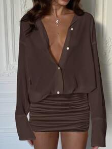 Cévolie Vestido mini con botones delanteros de unicolor de moda para mujer 2025 - Café integral - Ver 1