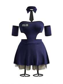 6pcs Fantasy Costume Set: Mesh Splice Tie, G-String, Sleeve Cuffs, Sexy Lingerie Set For Women - Navy Blue - View 6