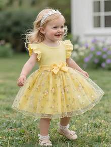 女婴优雅甜美浅黄色刺绣网纱连衣裙，搭配罗纹针织荷叶边荷叶袖上衣和腰带，适合休闲、度假、优雅场合、聚会等，可爱又时尚。 - 黃色 - 查看 9