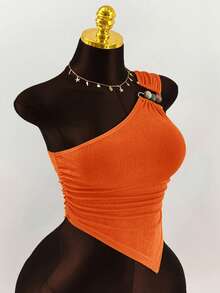 Amplova 大码女式彩色串珠装饰褶皱腰部单肩上衣 - 亮橙色 - 查看 4