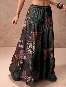 ROMWE PETITE Women's Hippie Style Vacation Paisley & Plaid Retro Print Wide Leg Pants - Brown - View 6