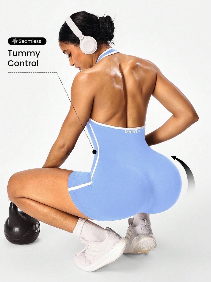 Seamluxe SHEIN Sport Women's Seamless Solid Color Halter Backless Sports Jumpsuit - Baby Blue - View 1
