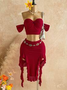Soleia Bộ đồ nữ gợi cảm, kiểu dáng lệch vai, xếp ly, vạt bất đối xứng, thích hợp cho kỳ nghỉ, hẹn hò, tiệc trà chiều, du lịch, lễ hội âm nhạc, phong cách Bohemian. - Đỏ - Xem 1