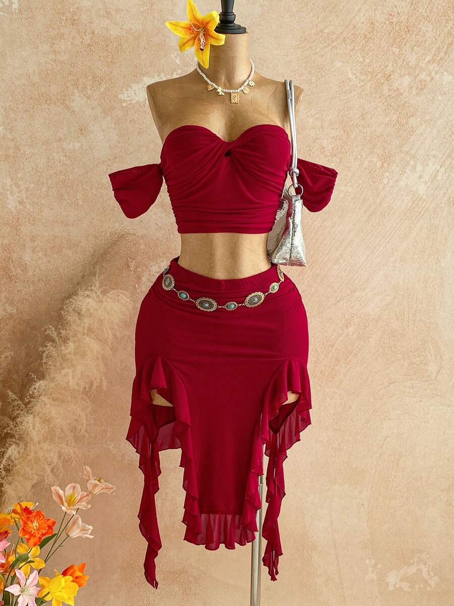 Soleia Bộ đồ nữ gợi cảm, kiểu dáng lệch vai, xếp ly, vạt bất đối xứng, thích hợp cho kỳ nghỉ, hẹn hò, tiệc trà chiều, du lịch, lễ hội âm nhạc, phong cách Bohemian. - Đỏ - Xem 1