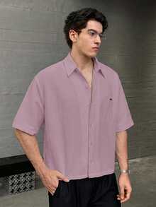 ESTAVOR 男士休闲时尚梭织短袖衬衫，饰有刺绣北极熊图案，适合夏季穿着 - 粉色 - 查看 5