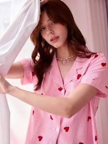 2pcs Valentine's Day Women Striped Heart Print Pajama Set, Short Sleeve Button Collar Top And Pants, Casual Loungewear - Pink - View 9