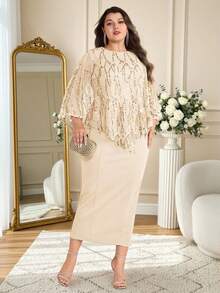 Modelyn 大码女士优雅纯色亮片流苏装饰薄纱罩衫修身连衣裙两件套 - 杏色 - 查看 4