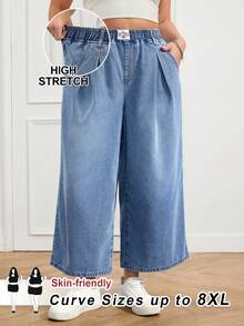 SHEIN CURVE+ 大码休闲水洗弹力腰阔腿牛仔裤，春夏嘉年华服装通勤度假毕业时尚Y2K可爱街头风派对婚礼优雅商务休闲女装大码高弹亲肤牛仔裤阔腿九分裤 - 藍色 - 查看 1