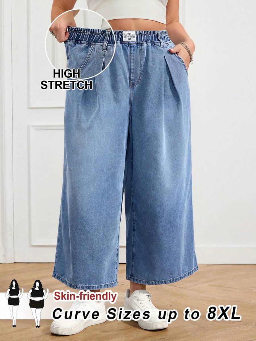 SHEIN CURVE+ 大码休闲水洗弹力腰阔腿牛仔裤，春夏嘉年华服装通勤度假毕业时尚Y2K可爱街头风派对婚礼优雅商务休闲女装大码高弹亲肤牛仔裤阔腿九分裤 - 藍色 - 查看 1