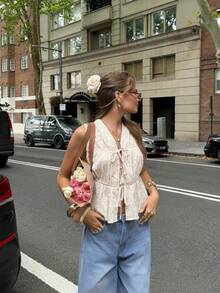 Serisse 女士纯色系带休闲百搭日常衬衫 - 杏色 - 查看 7