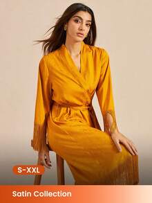 All-Season Mustard Satin Robe Comfortable Tie-Waist Sleep Gown With Fringe Trim Loose-Fit Midi Robe With Fringe Details Pyjama - Yellow - View 2