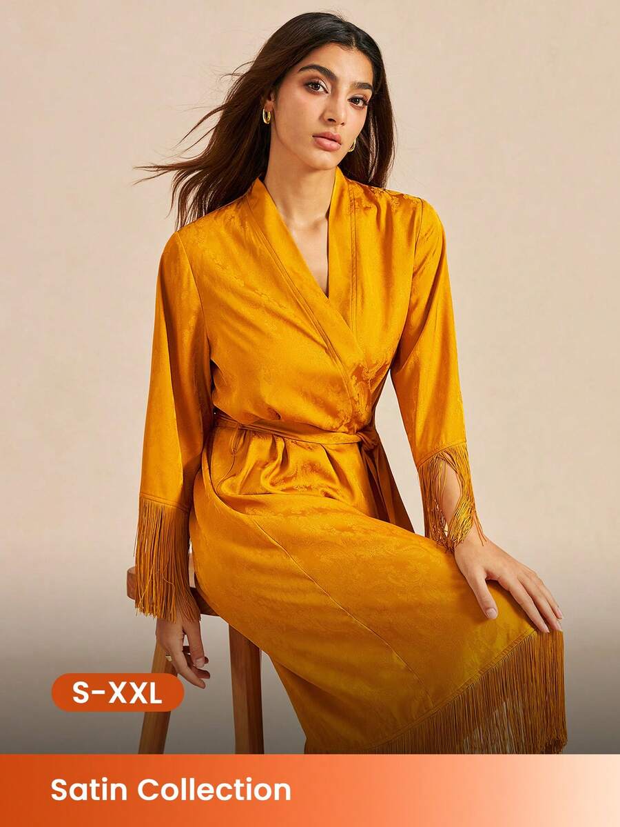 All-Season Mustard Satin Robe Comfortable Tie-Waist Sleep Gown With Fringe Trim Loose-Fit Midi Robe With Fringe Details Pyjama