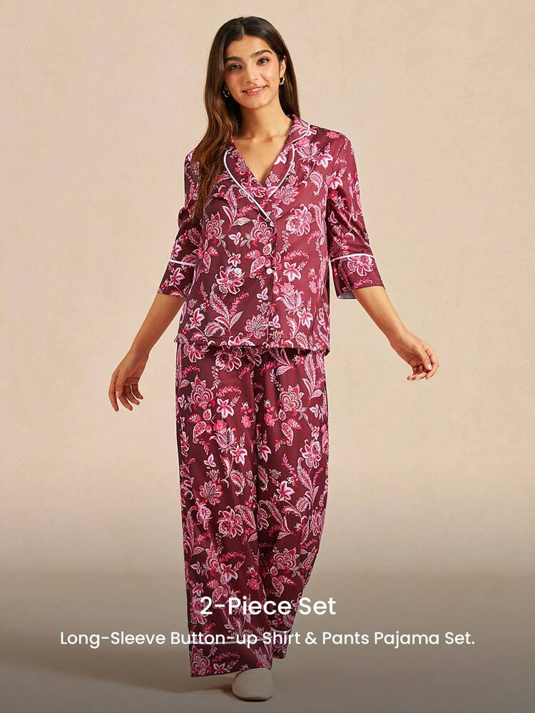 Elegant Burgundy Floral Pajama Set