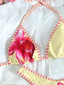 Swim Mod 2pcs/Set Teenage Girls Lily Flower Print Spaghetti Strap Triangle Bikini Top And V-Cut Bottoms - Multicolor - View 4