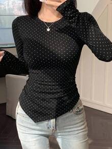DAZY 春季设计不对称黑色波点修身长袖女式T恤 - 黑色 - 查看 6