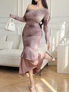 DAZY Women's Asymmetric Neckline Long Sleeve Ruffle Hem Dress - Purple - View 3