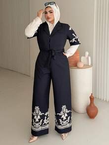 Dazy Plus Plus Size Women V-Neck Patterned Print Lace-Up Long Jumpsuit, Suitable For Commuting, Spring/Summer Romper - Navy Blue - View 2