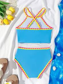 SHEIN 两件套女童比基尼泳衣套装，包括蓝色背心和撞色贝壳边饰泳裤，时尚休闲优雅设计，适合游泳、海滩、泳池、夏季度假等场合。 - 彩色 - 查看 2