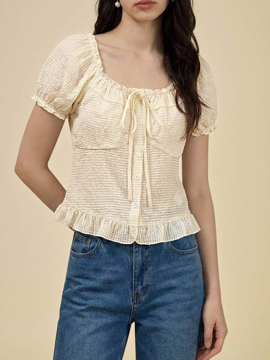 Muvela Spring/Summer New Beige Square Collar Ruffle Elastic Waist Front Button Tie Bow Plaid Ruffle Hem Sweet Cute Ladies Shirt, Fashionable Elegant Party British Style Retro College Wind Back To School Music Festival - White - View 1