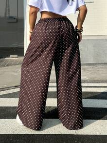 Muchica 大码棕色波点印花抽绳腰宽松裤 - 咖啡棕 - 查看 2