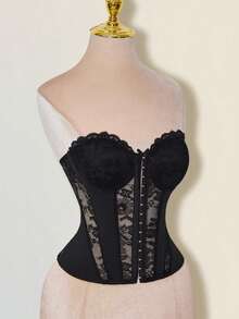 SHEIN ICON Women's Elegant Sheer Lace Bustier Top - Black - View 6