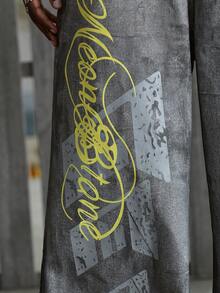NEON BLANC 男士休闲时尚街头通勤字母印花宽松喇叭牛仔裤，不含腰带 - 灰色 - 查看 5