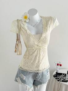 Elamini Elegant Sexy Delicate Sheer Lace Deep V-Neck 2 In 1 Fitted Bow Tie Decor Y2K Crop Top - Beige - View 6