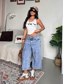 StreetHx Fashionable Casual Street Style Distressed Low Waist Wide Leg 7/8 Length Jeans - Light Wash - View 8