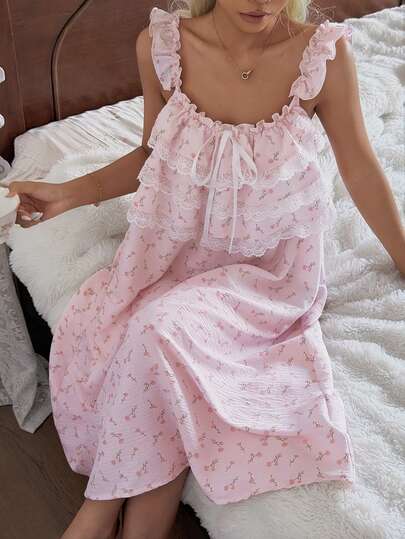 DAZY Sweet Floral Layered Lace Ruffle Trim Camisole Nightgown For Women