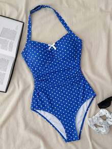 SHEIN Áo tắm liền thân cổ yếm họa tiết chấm bi và bướm dành cho thiếu nữ, thích hợp cho kỳ nghỉ hè ở bãi biển. - Xanh và trắng - Xem 11