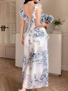 DAZY Women's Elegant Floral Print Square Neck Ruffle Hem Sleeveless Mid-Length Dress, Summer - Blue - View 2