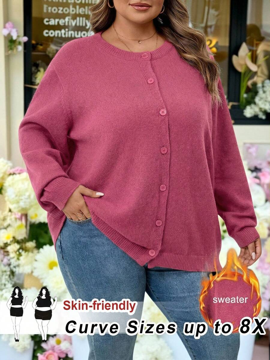 SHEIN CURVE+ 大码休闲纯色开衫，秋冬季 - 藕粉色 - 查看 1
