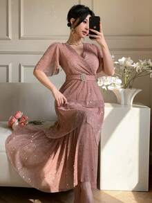 DAZY Đầm dài kiểu Pháp đính sequin, đầm dạ hội mùa hè. - Hồng - Xem 6