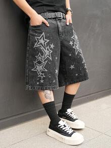 Manfinity EMRG Men's Casual Street Style Printed Black Denim Shorts - Black - View 3