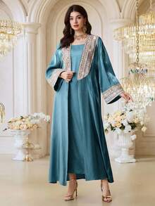 Al Najma 女士针织宽松落肩长袍连衣裙优雅套装 - 藍色 - 查看 3