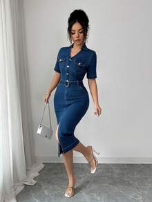 Elenzga Women's Casual Washed Fitted Denim Dress, Summer - Blue - View 4