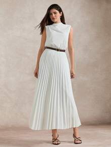 Briarwyn Elegant White Summer High Neck Pleated Dress,Waist Cinched Brunch Outfits For Women,Vacation Beach Dress,Luxury Evening Wedding Party Ceremony Dress - White - View 4