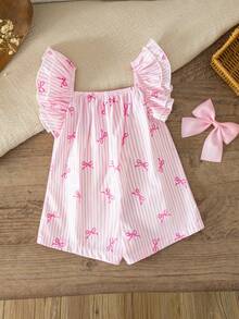 SHEIN 新生女宝宝可爱夏季休闲粉白条纹蝴蝶结连体衣 - 粉色 - 查看 2