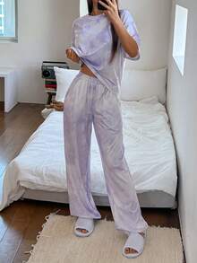 DAZY 女士扎染渐变舒适圆领长袖上衣和裤子睡衣套装 - 紫色 - 查看 5