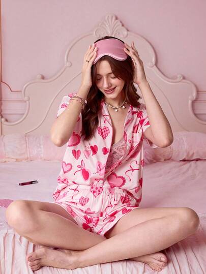 2pcs Women's Sleepwear Set, Cute Pink Heart & Bow Print, Romantic Valentine's Day Gift, Comfortable Shirt Collar Short Sleeve Top And Elastic Waist Shorts, Suitable For Lounging, Parties, And Casual Outdoor Wear