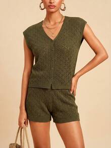 Travachic Women's Olive Green Casual Knitwear Sleeveless V Neck Rib-Knit Top And Shorts Co-Ord Set - Olive Green - View 1