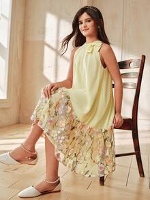 Anewsta Spring/Summer New Bowknot Chiffon Patchwork Floral Mesh Hem Girls Dress - Yellow - View 4