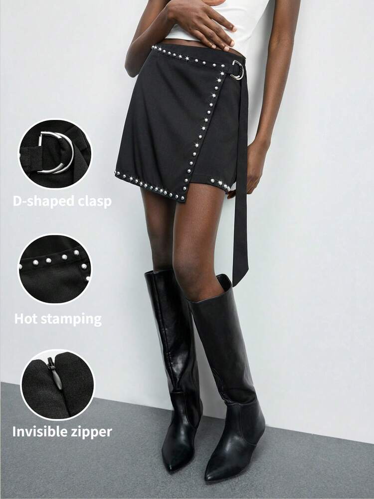 SHEIN Maija Women's Casual Asymmetric Hem Studded Design Short Skirt Studded Skirt Black Skirt Mini Rhinestone Skirt Mini Skirt