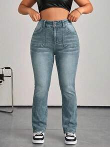 SHEIN Cottnline سراويل جينز ذات خصر عالي وجيوب للنساء كبيرات الحجم، متعددة الاستخدامات وواسعة القدم - ازرق ضبابي - مشاهدة 1