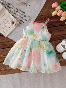 SHEIN 女婴碎花印花可爱吊带连衣裙，度假 - 彩色 - 查看 3