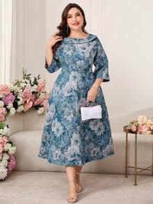 Ellevyn 大码女士优雅提花长袖中长连衣裙，适合派对和外出，秋冬季 - 彩色 - 查看 8