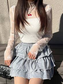 FRIFUL Women's Solid White Sheer Lace Fabric Layered Slim Fit Versatile Blouse - White - View 8