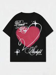 ROMWE MEN Street Life Men's Heart Print Short Sleeve T-Shirt, Suitable For Everyday Wear In Spring/Summer - Black - View 6