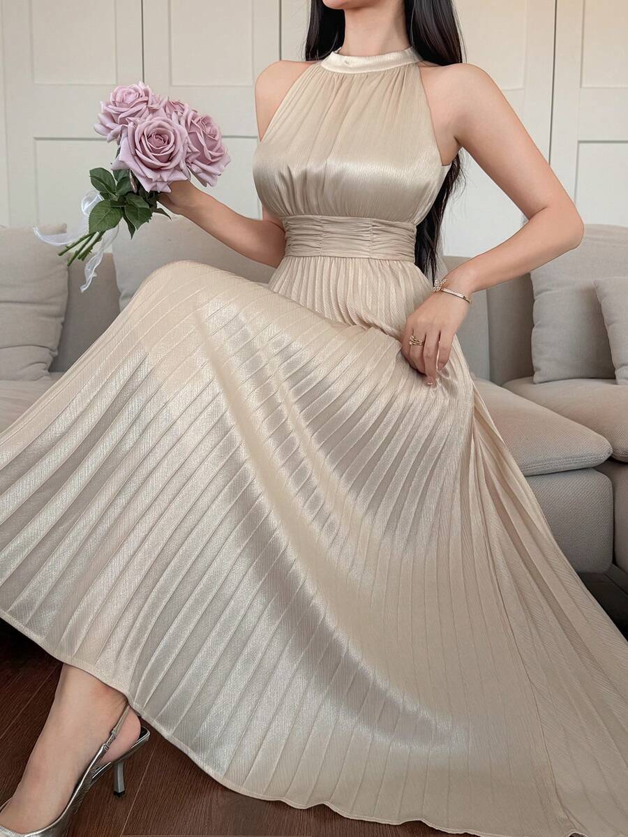 DAZY 女士无袖缎面连衣裙，腰部褶皱设计，优雅长款连衣裙 - 香檳色 - 查看 1